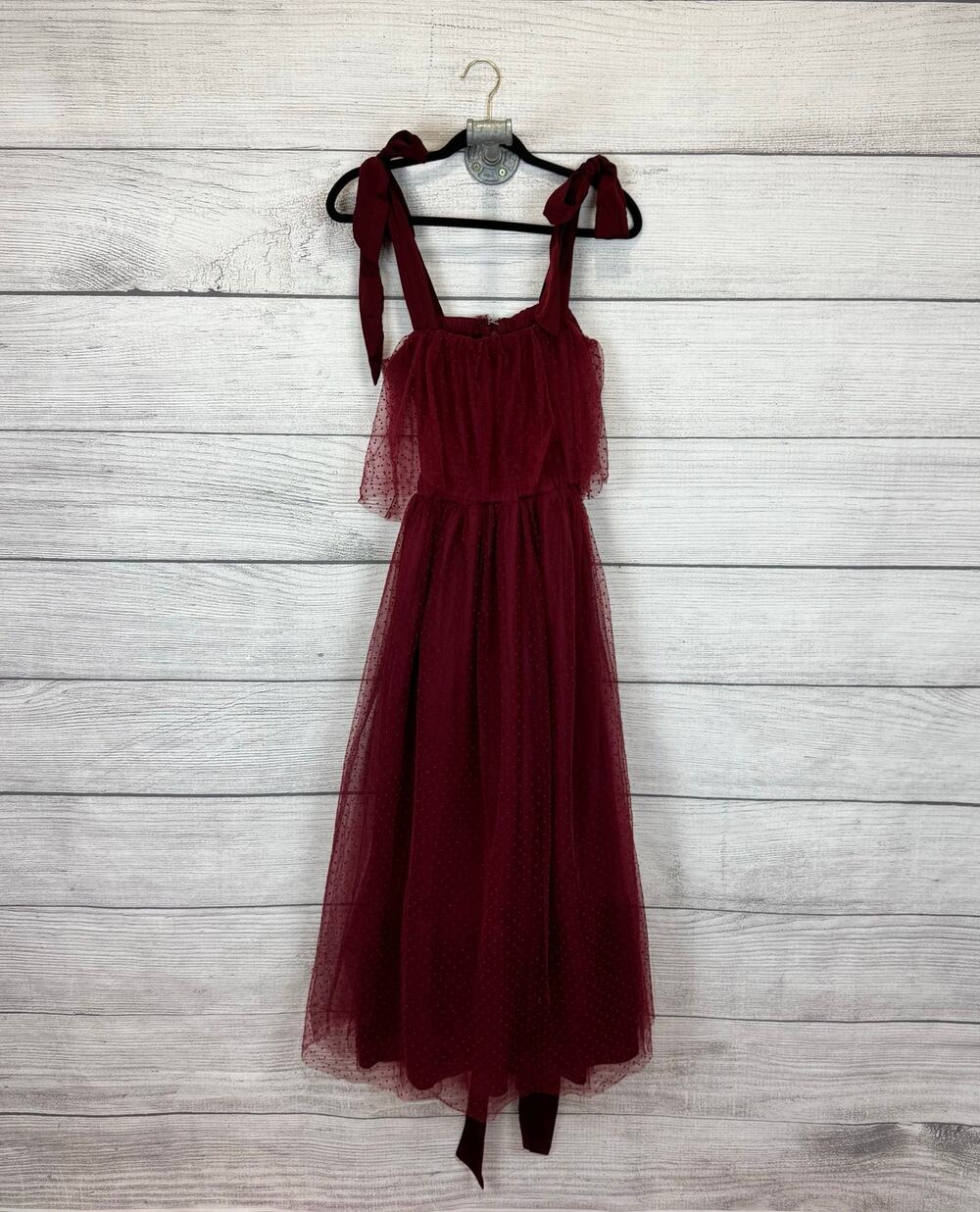Lulus Women's Lovely Influence Wine Red Tulle Swiss Dot Midi Dress Size Large